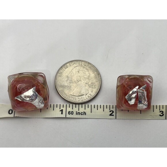 Vintage Funky Pink & Silver Swirl Cube Clip-On Earrings - Unique 80s Aesthetic - Picture 7 of 7